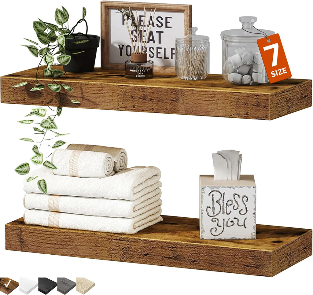 Bathroom Floating Shelves for Wall Mounted Shelf over Toilet Farmhouse Home Decor Display Shelving Small 16 Inch Set of 2, Rustic Brown (008-40BN)