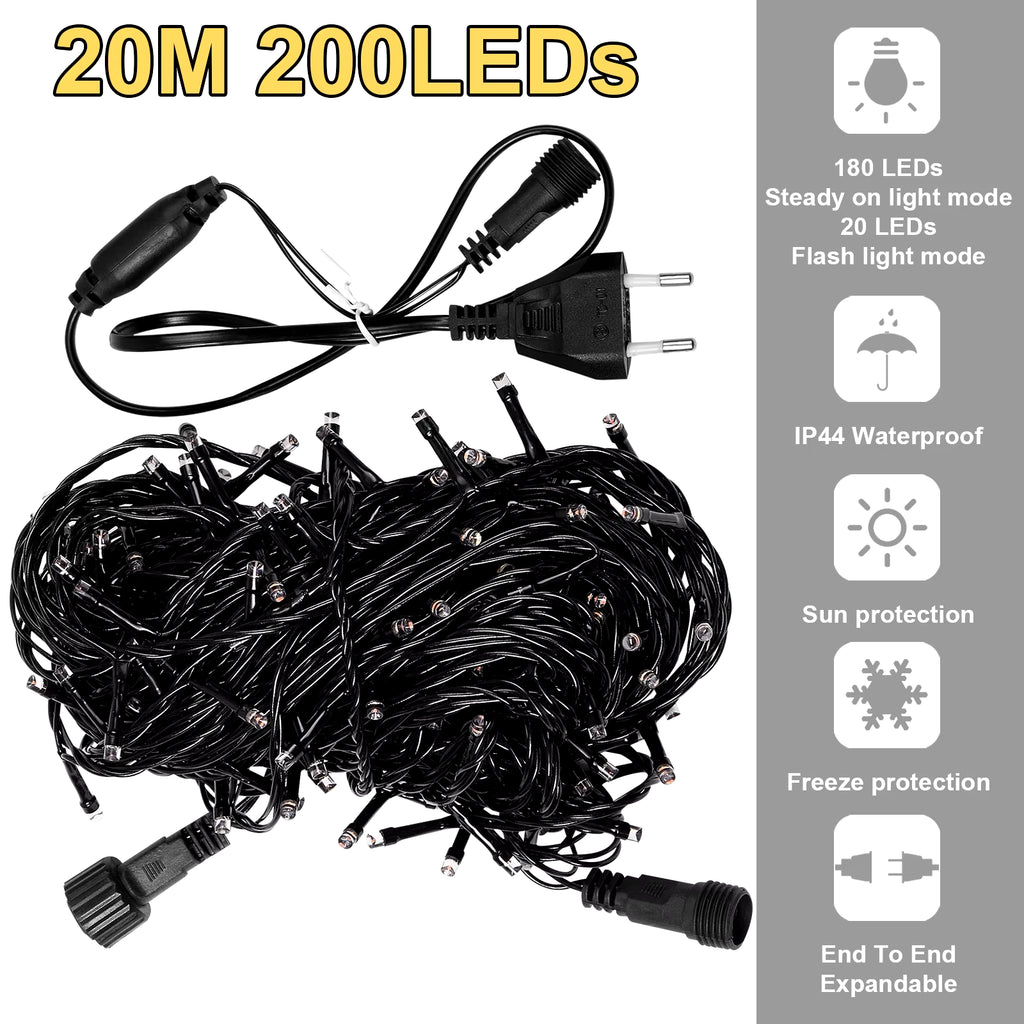 20M Black Wire 156/200 LED Fairy String Lights Garlands Christmas Tree Decoration for Wedding Party Outdoor Indoor EU UK Plug