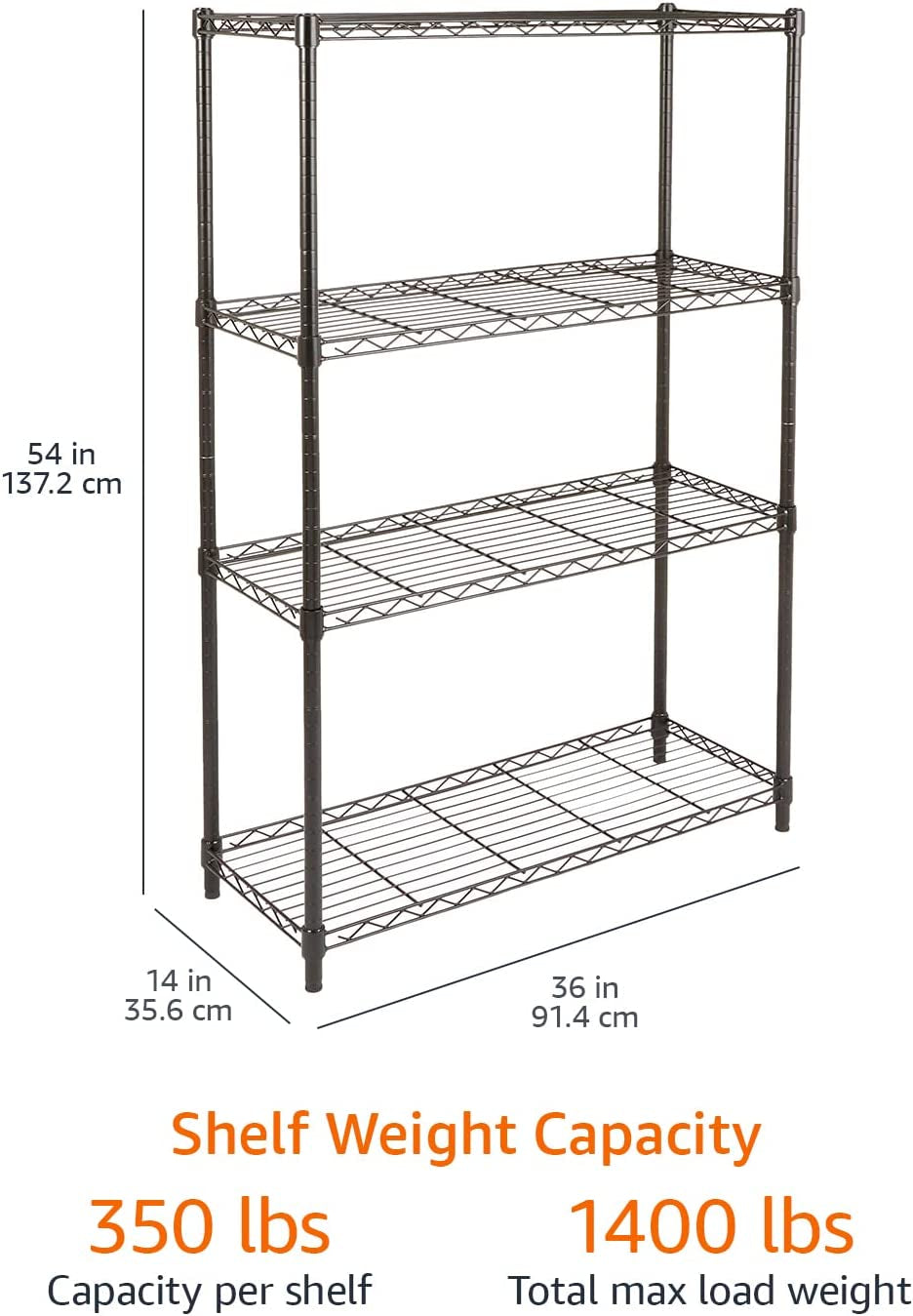 4-Shelf Storage Unit with Height Adjustable Shelves and Levelling Feet, 640 Kg Max Weight, Black, 35.6 Cm D X 91.4 Cm W X 137.1 Cm H