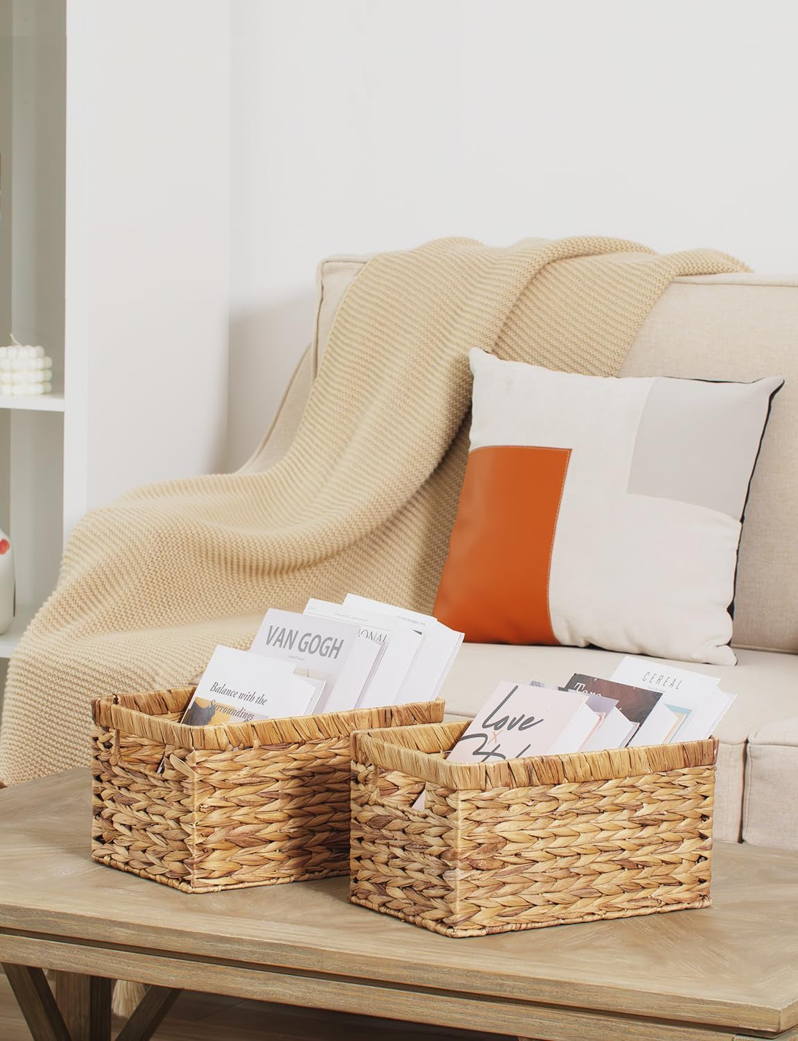 Wicker Storage Baskets for Shelves, Large Shelf Baskets with Handles, Rectangular Wicker Storage Boxes, Woven Basket for Organising Pantry Bathroom, Natural Water Hyacinth, 2-Pack