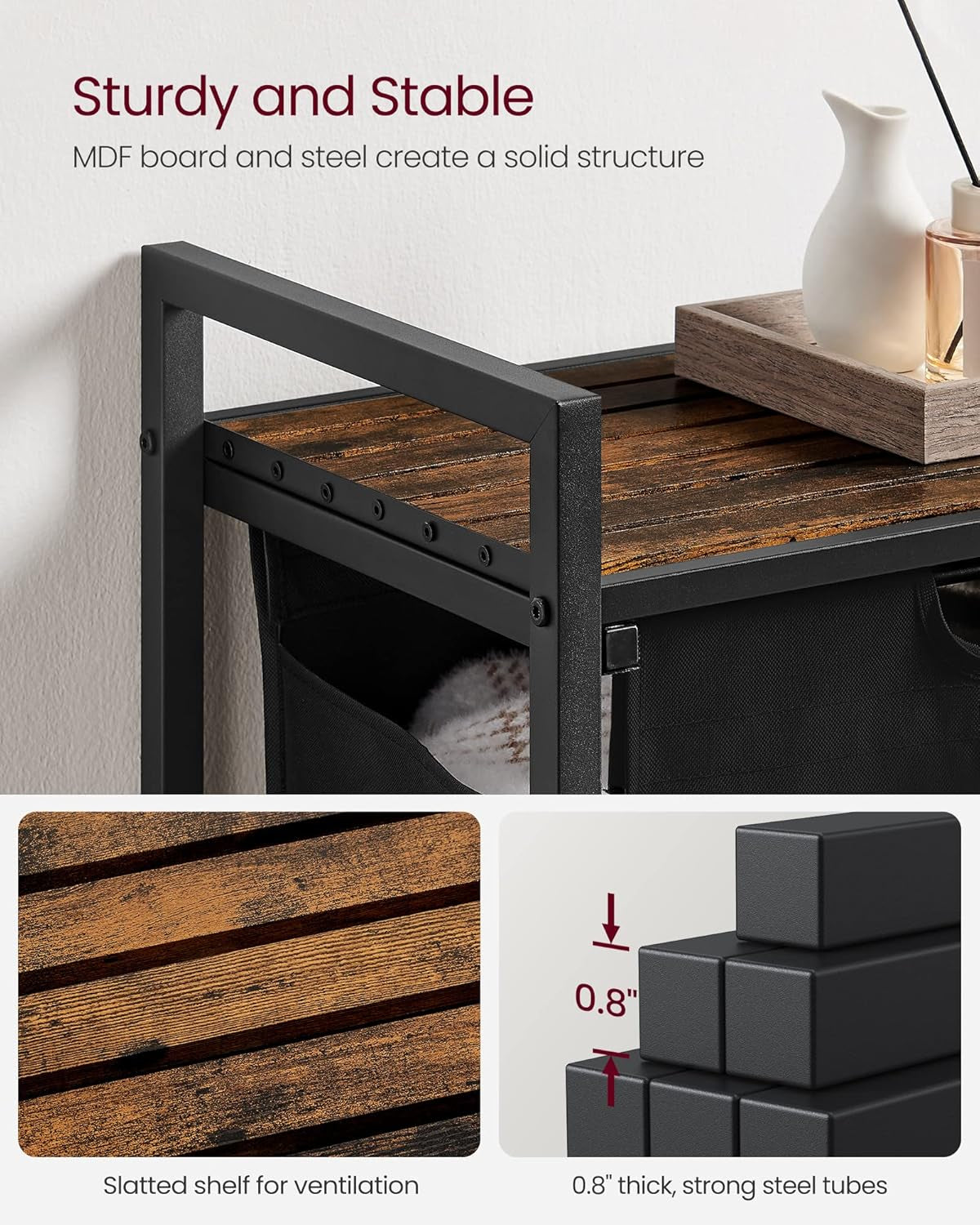 Laundry Hamper, Laundry Basket, Laundry Sorter with a Pull-Out and Removable Bag, Shelf, Metal Frame, 17.2 Gallons (65 L), 19.7 X 13 X 28.4 Inches, Black and Rustic Brown UBLH101B01