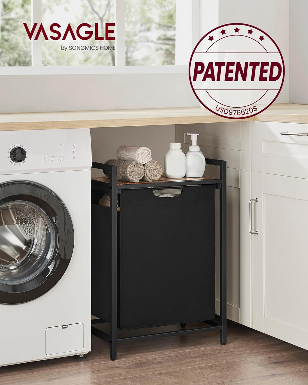 Laundry Hamper, Laundry Basket, Laundry Sorter with a Pull-Out and Removable Bag, Shelf, Metal Frame, 17.2 Gallons (65 L), 19.7 X 13 X 28.4 Inches, Black and Rustic Brown UBLH101B01