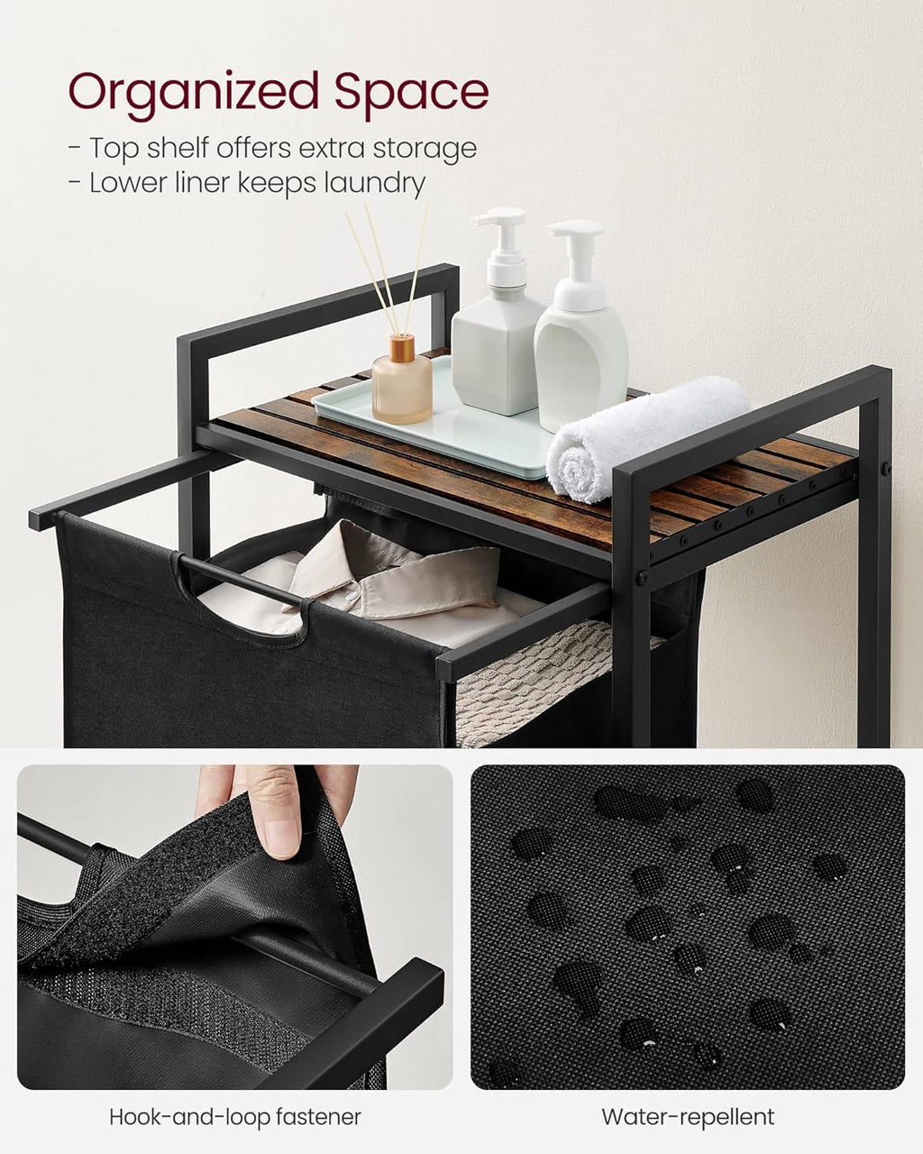 Laundry Hamper, Laundry Basket, Laundry Sorter with a Pull-Out and Removable Bag, Shelf, Metal Frame, 17.2 Gallons (65 L), 19.7 X 13 X 28.4 Inches, Black and Rustic Brown UBLH101B01