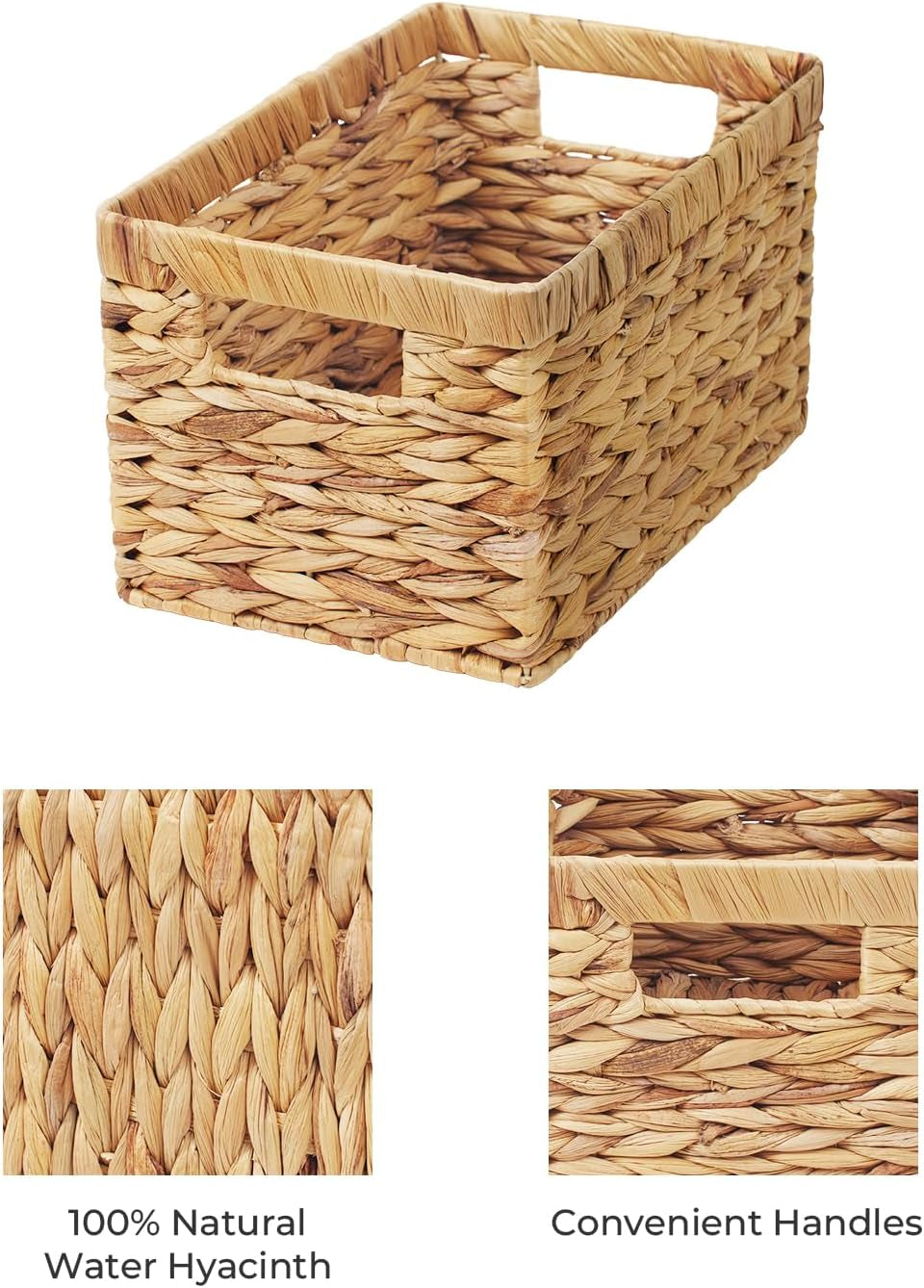 Wicker Storage Baskets for Shelves, Large Shelf Baskets with Handles, Rectangular Wicker Storage Boxes, Woven Basket for Organising Pantry Bathroom, Natural Water Hyacinth, 2-Pack