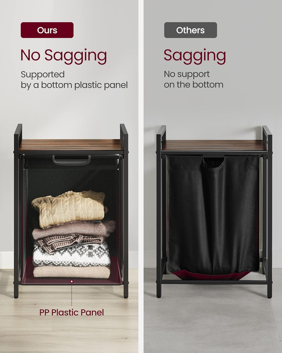 Laundry Hamper, Laundry Basket, Laundry Sorter with a Pull-Out and Removable Bag, Shelf, Metal Frame, 17.2 Gallons (65 L), 19.7 X 13 X 28.4 Inches, Black and Rustic Brown UBLH101B01